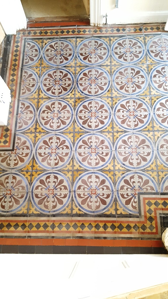 Encaustic tiled hallway after restoration in Chester