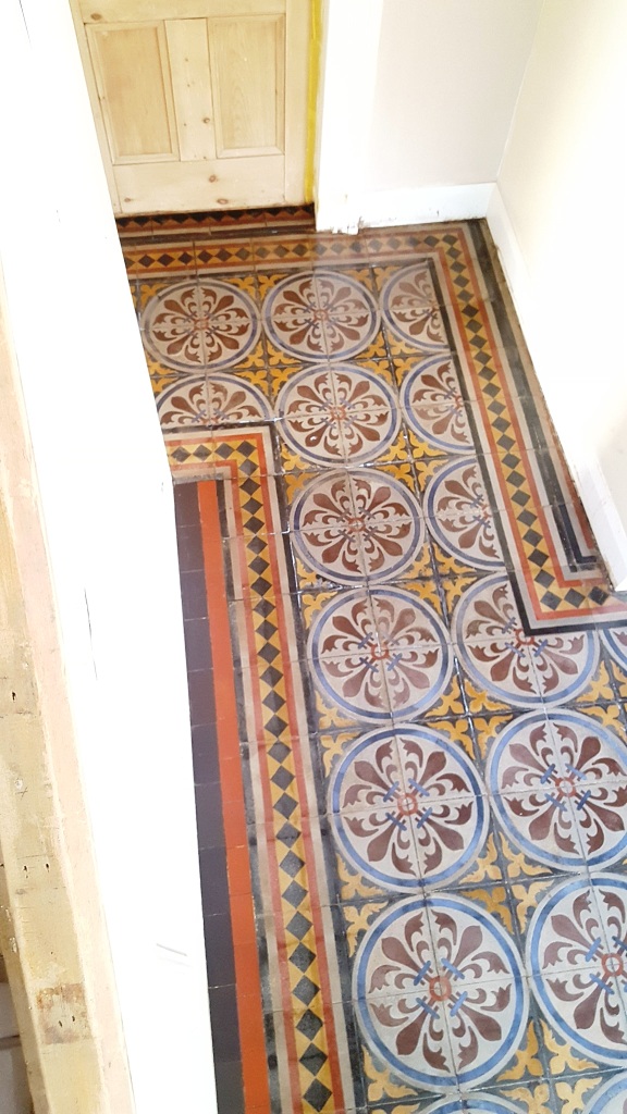 Encaustic tiled hallway after restoration in Chester