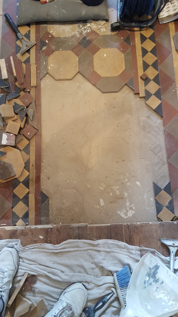 Victorian tiled hallway during restoration Warrington