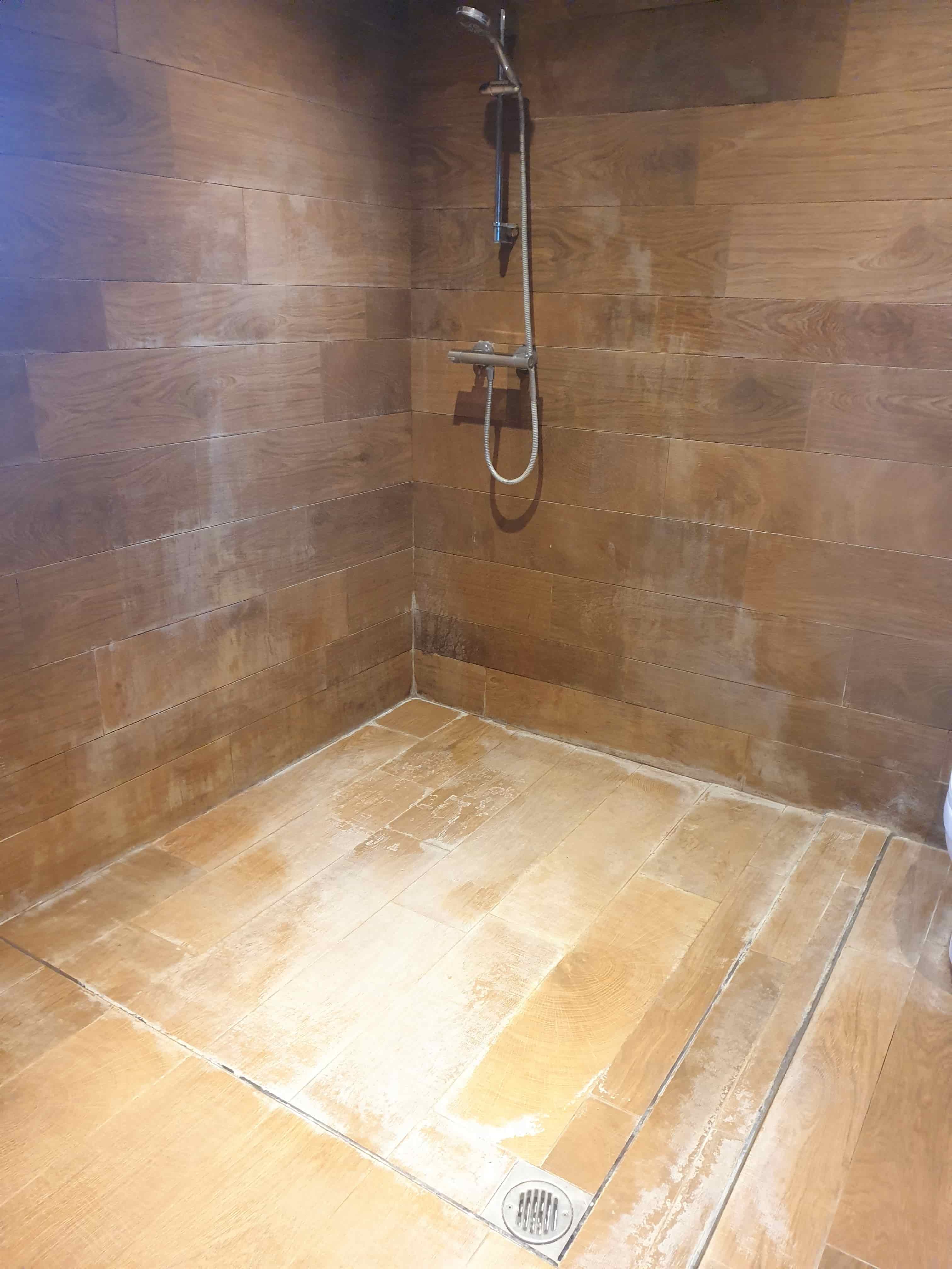 Ceramic Wood Plank Effect Shower Tile Before Cleaning Kirby Wirral